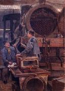 Johannes Martini Fruhstuck in der Lokomotivwerkstatte, oil on canvas